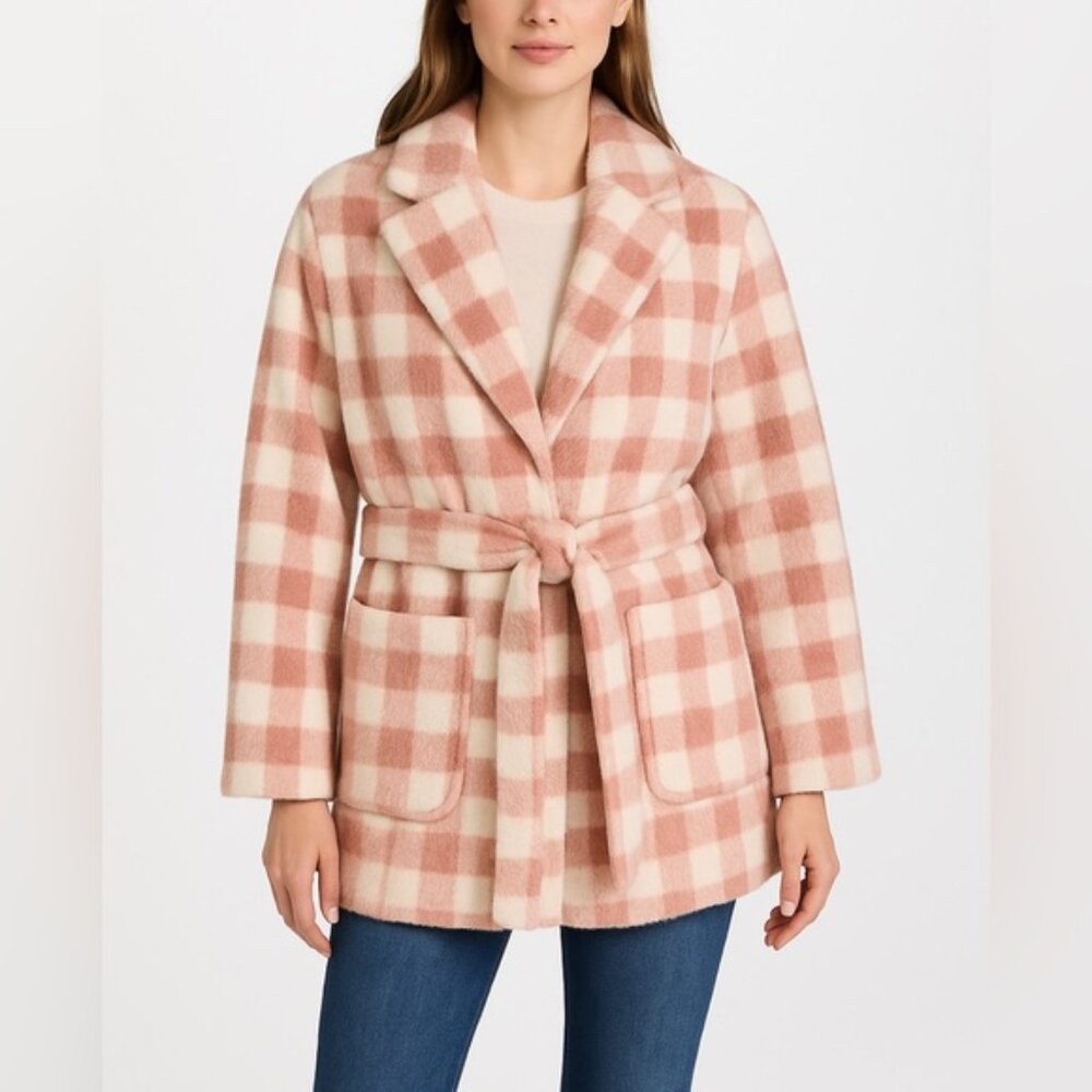 APPARIS Gingham Teddy Coat Pink Check Belted Sherpa Jacket Women's Size S/M